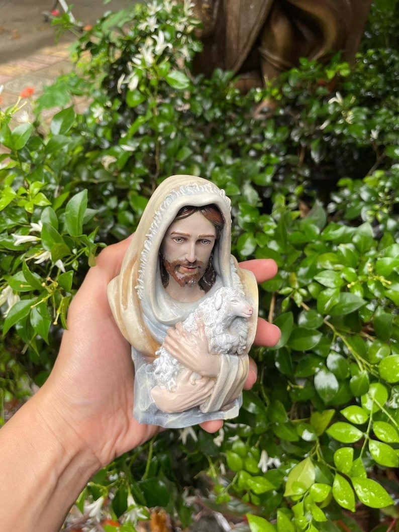 Hand Painted Jesus Good Shepherd Statue, Pastel Religious Figurine, Catholic Spiritual Gift, Car Dashboard Decor, Christian Home Altar